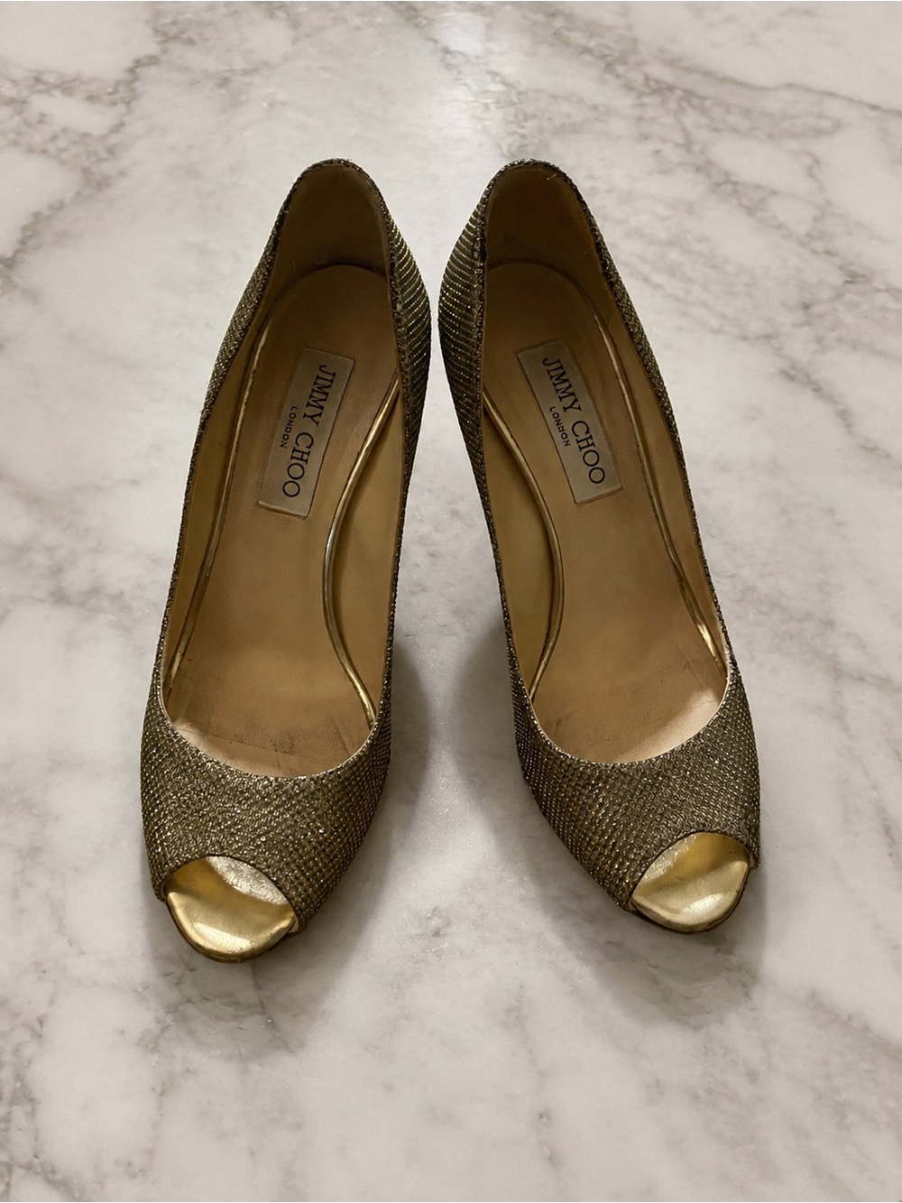 Jimmy Choo Metallic two tone Gold & silver Peep-Toe Pumps